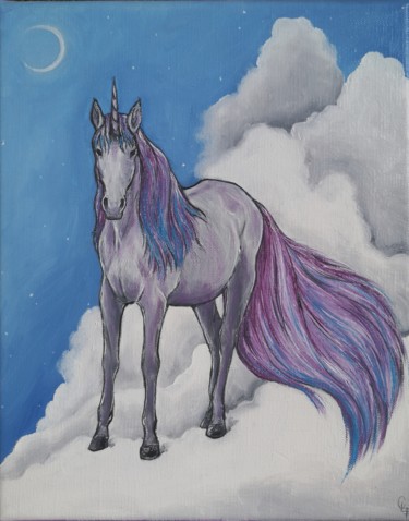 Painting titled "The night unicorn" by Cécile Pardigon, Original Artwork, Oil