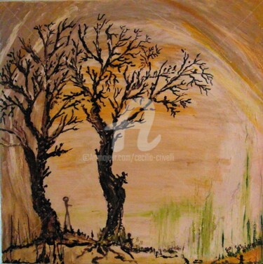 Painting titled "40x40x2 - 2 arbres…" by Cécilia Crivelli, Original Artwork, Acrylic