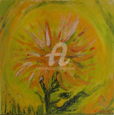 Peinture intitulée "40x40x2 Fleur jaune…" par Cécilia Crivelli, Œuvre d'art originale, Acrylique