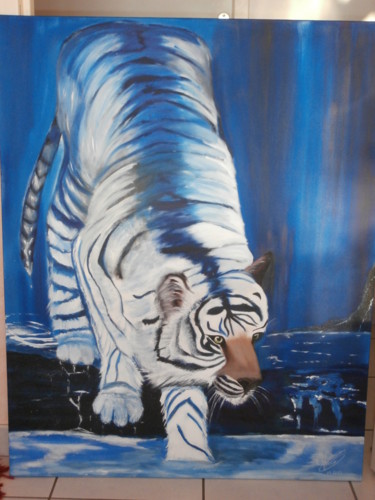 Schilderij getiteld "Le tigre blanc" door Cécilia Godeneche, Origineel Kunstwerk, Olie