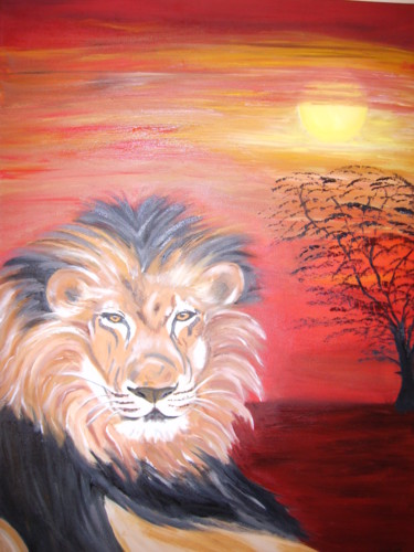Painting titled "lion au repos" by Cécilia Godeneche, Original Artwork, Oil