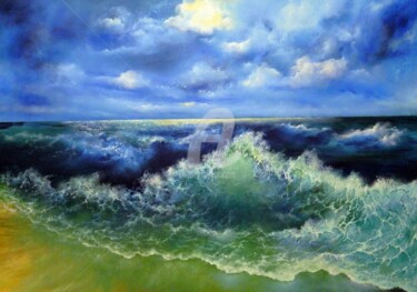 Painting titled "the big wave" by Cecilia Melinescu, Original Artwork, Oil Mounted on Wood Stretcher frame