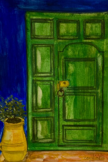 Painting titled "Porta verde" by Cecília Vilas Boas, Original Artwork, Watercolor