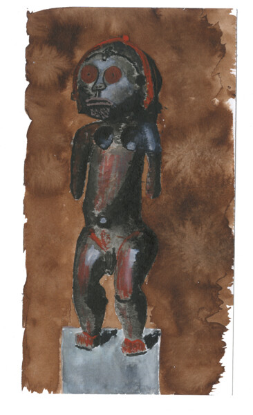Ζωγραφική με τίτλο "Statuette fang" από Cédric Crémière, Αυθεντικά έργα τέχνης, Ακουαρέλα