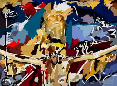 Schilderij getiteld "Jésus 3" door Cédric Gaillard, Origineel Kunstwerk, Olie Gemonteerd op Frame voor houten brancard