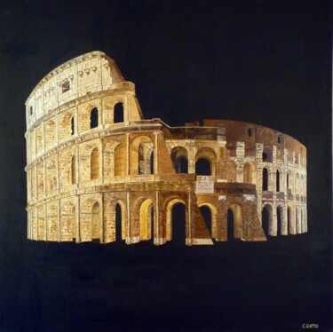 Painting titled "Il Colosseo" by Cédric Gatto, Original Artwork, Oil Mounted on Wood Stretcher frame