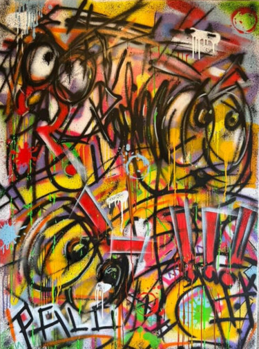 Schilderij getiteld "Traffic Jam" door Cédric Palobart (Palo), Origineel Kunstwerk, Graffiti Gemonteerd op Frame voor houten…