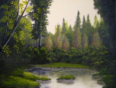 Peinture intitulée "L'étang secret" par Cédricb, Œuvre d'art originale, Huile