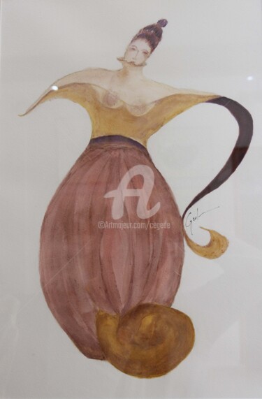 Peinture intitulée "le pichet et le chat" par Cegede, Œuvre d'art originale, Encre