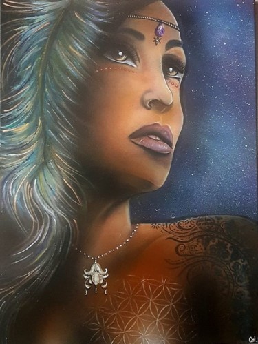 Painting titled "" Chamane "" by Cel . B, Original Artwork, Acrylic Mounted on Wood Stretcher frame