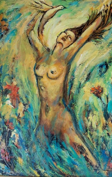 Картина под названием "Dans mon jardin #5" - Celi Tessier, Подлинное произведение искусства, Акрил Установлен на Деревянная…