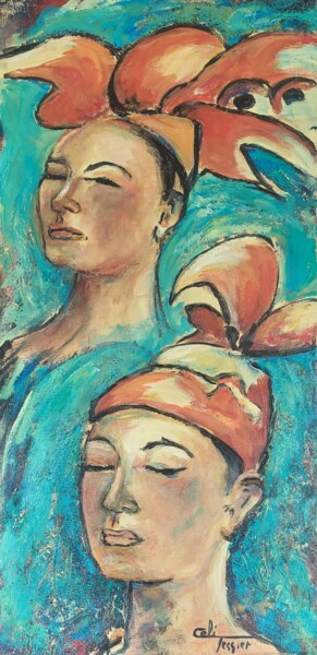 Painting titled "Danceuses Aztèques…" by Celi Tessier, Original Artwork, Acrylic Mounted on Wood Stretcher frame