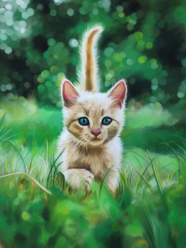 Pintura titulada "Chaton sur l'herbe" por Célia Dunzer, Obra de arte original, Pastel