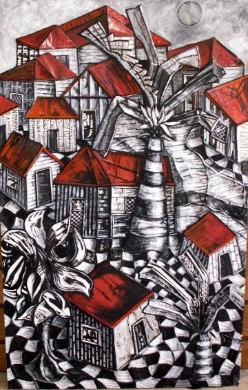 Peinture intitulée "Telhados vermelhos…" par Celia Ricco, Œuvre d'art originale