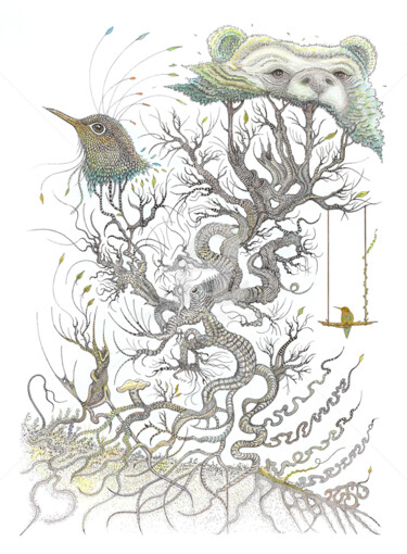 Dessin intitulée "L'Ours et l'Oiseau" par Célina Grimardia, Œuvre d'art originale, Encre
