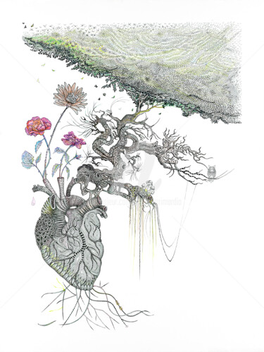 Tekening getiteld "Cœur Floral.jpg" door Célina Grimardia, Origineel Kunstwerk, Inkt