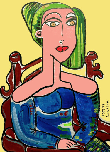 Painting titled "« Dame bleue sur ch…" by Céline Cénac, Original Artwork, Acrylic