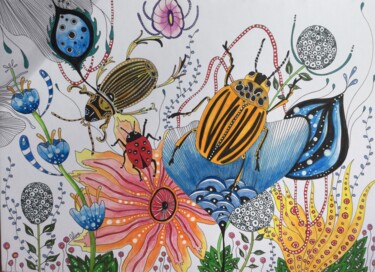 Painting titled "Insectes" by Celine Conti, Original Artwork, Watercolor