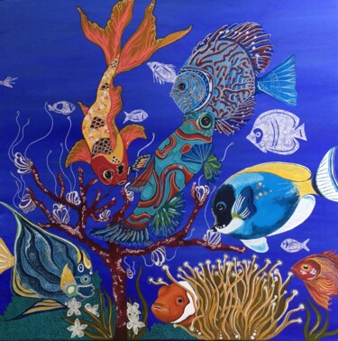 Malerei mit dem Titel "Fond tropical" von Celine Conti, Original-Kunstwerk, Aquarell