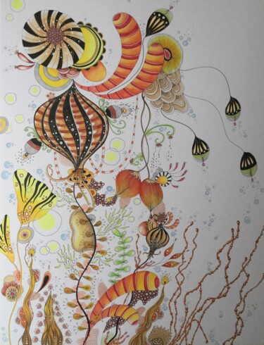 Desenho intitulada "Plantes sous-marines" por Celine Conti, Obras de arte originais, Aquarela