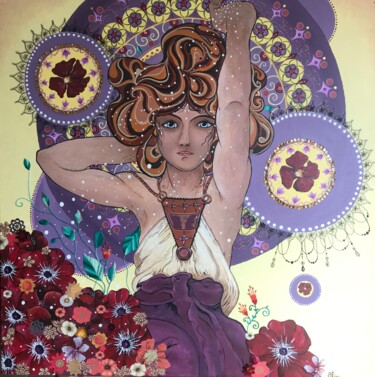 Peinture intitulée "Femme et fleurs" par Celine Conti, Œuvre d'art originale, Acrylique