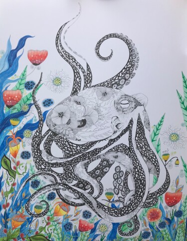 Peinture intitulée "Entre terre et mer" par Celine Conti, Œuvre d'art originale, Aquarelle