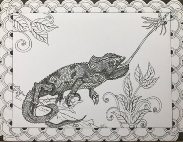 Drawing titled "Caméléon" by Celine Conti, Original Artwork, Ink