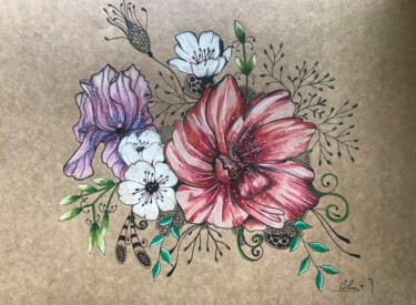 Drawing titled "Le bouquet" by Celine Conti, Original Artwork, Pencil