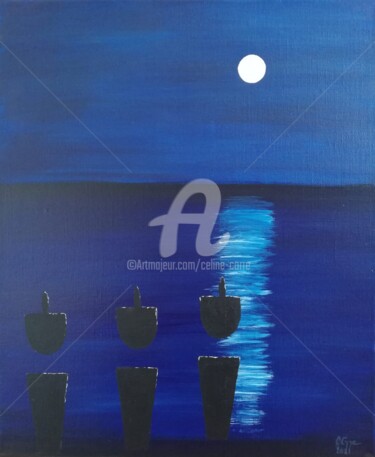 Painting titled "Clair de lune" by Céline Corre, Original Artwork, Acrylic Mounted on Wood Stretcher frame