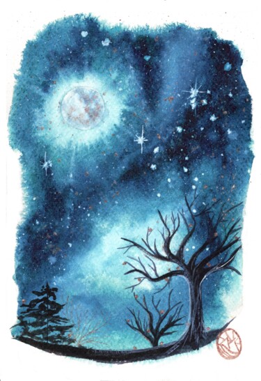 Pintura intitulada "Pleine lune" por Céline Gallay, Obras de arte originais, Aquarela