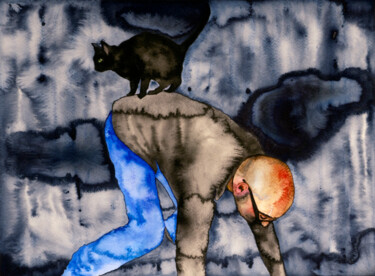 Σχέδιο με τίτλο "Peur bleue (rodéo)" από Céline Jérémy Turlotte Bindi, Αυθεντικά έργα τέχνης, Ακουαρέλα