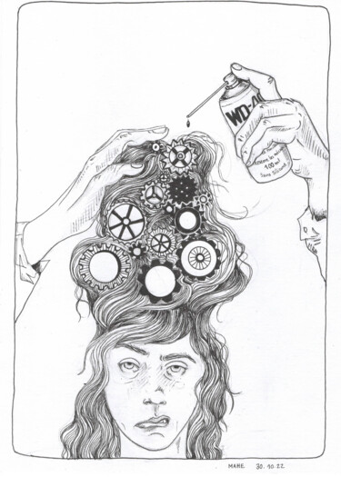 Drawing titled "Engrenages" by Céline Mahe, Original Artwork, Ink