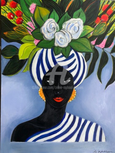 Painting titled "Africaine au turban…" by Celine Raphael-Leygues, Original Artwork, Oil Mounted on Wood Stretcher frame