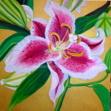 Painting titled "Lys rose" by Celine Raphael-Leygues, Original Artwork, Oil Mounted on Wood Stretcher frame