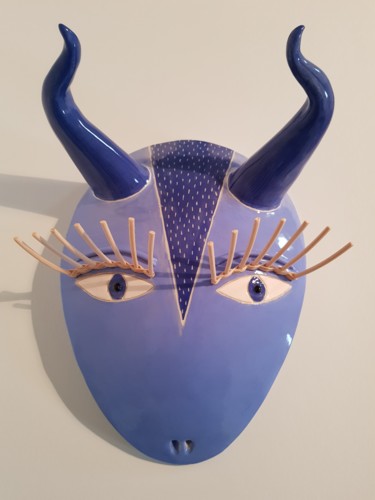 Sculpture titled "Taureau bleu" by Céline Sicard, Original Artwork, Ceramics