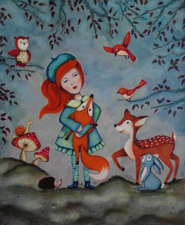 Peinture intitulée "La fille au renard" par Céline Souhy, Œuvre d'art originale, Acrylique