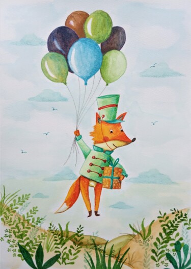 Painting titled "Fox travel" by Céline Souhy, Original Artwork, Watercolor