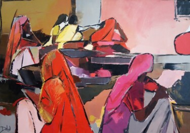 Painting titled "Les indiennes au ma…" by Celine Dabot, Original Artwork, Oil Mounted on Wood Stretcher frame