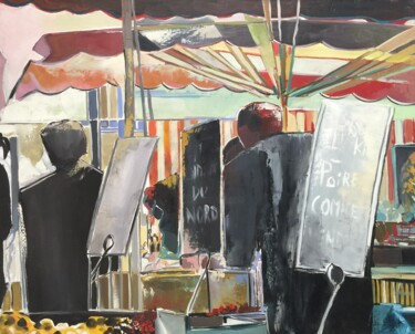 Painting titled "Le marché" by Celine Dabot, Original Artwork, Oil Mounted on Wood Stretcher frame