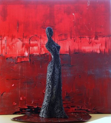 Painting titled "Abstraction rouge e…" by Cel Ine, Original Artwork, Oil