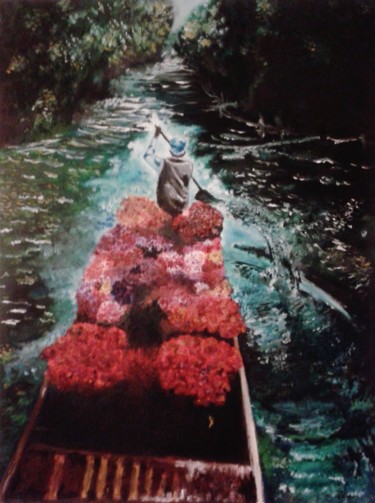 Pintura intitulada "Barco de flores na…" por Céline Vicente, Obras de arte originais, Óleo