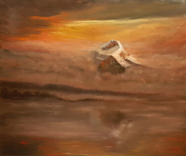 Peinture intitulée "Brume sur le sommet" par Célinne, Œuvre d'art originale, Huile