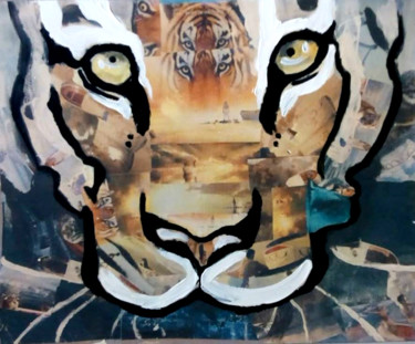 Collages titled "COLLAGE TIGRE" by Cecilia Llorca, Original Artwork, Collages Mounted on Wood Panel