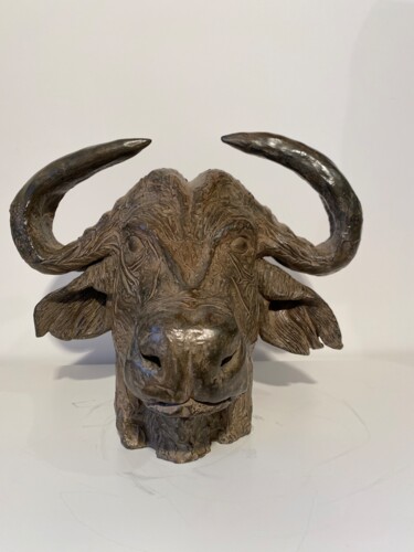 Skulptur mit dem Titel "TETE DE BUFFLE EN B…" von Cendrique Nouchy-Desjeux (Cendrique Art), Original-Kunstwerk, Bronze