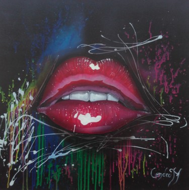 Painting titled "KISS 1" by Cendrom, Original Artwork, Acrylic Mounted on Wood Stretcher frame
