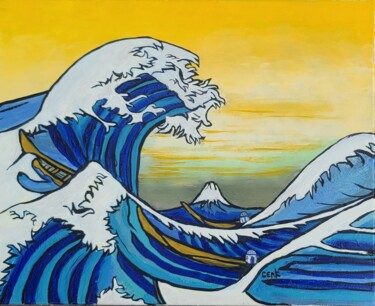 Schilderij getiteld "Wave wars" door Cenk Ozturk, Origineel Kunstwerk, Olie Gemonteerd op Frame voor houten brancard