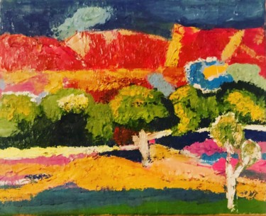 Painting titled "Sunset in mountains" by Nune Shakhparonyan, Original Artwork, Oil Mounted on Wood Stretcher frame