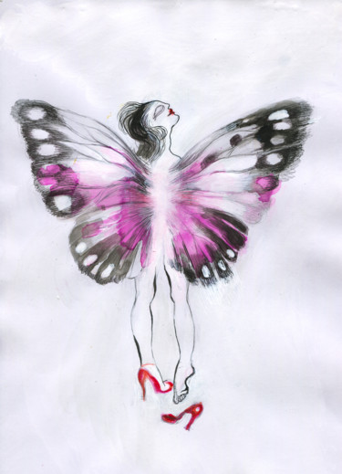 Disegno intitolato "Butterfly woman" da Maria Cristina Cerminara, Opera d'arte originale, Acquarello