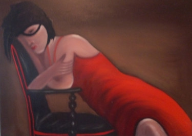 Painting titled "la-femme-en-rouge" by Annick Cernesse, Original Artwork, Oil