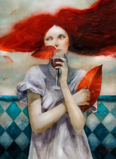 Peinture intitulée "otoño rojo" par Cesar Ayllón, Œuvre d'art originale, Aquarelle